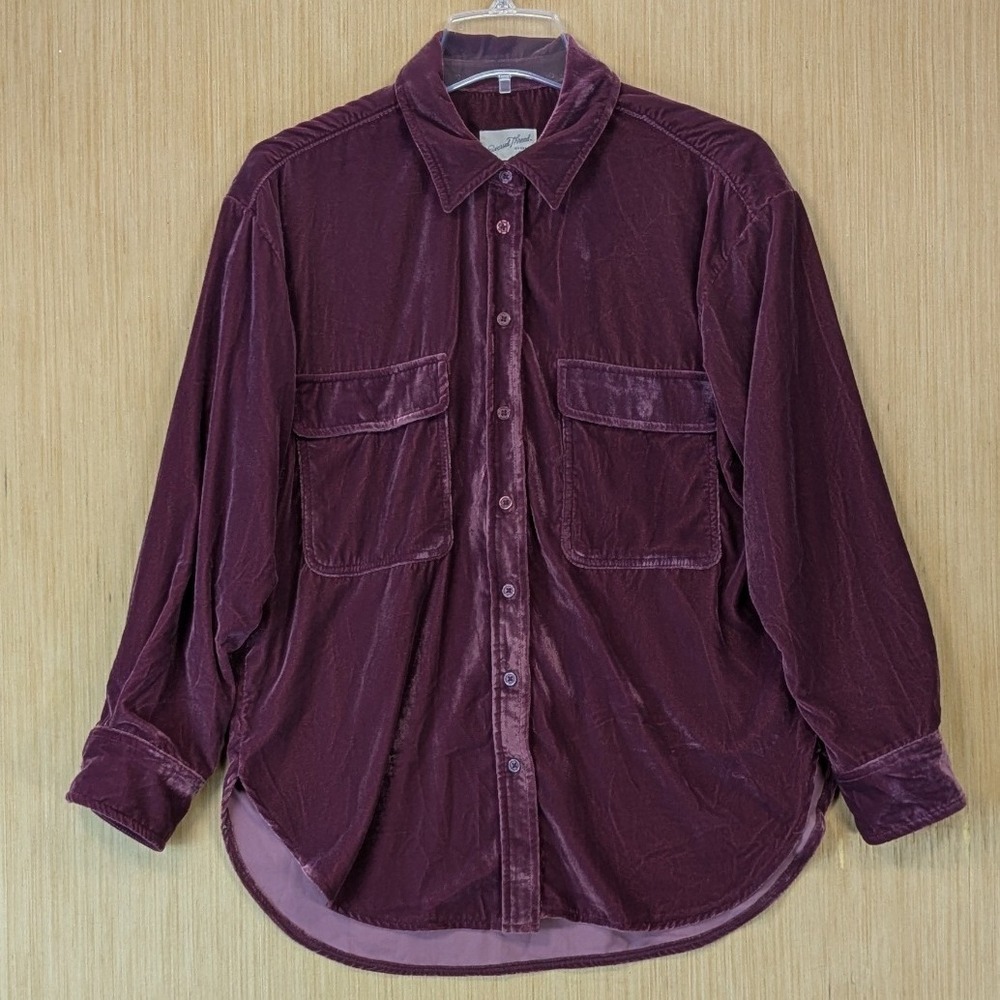 Womens Whimsygoth Dark Academia Maroon Velvet Oversized Button Down Shirt Small